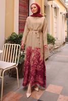 Tesettür giyim PEMBE KUŞAKLI DESENLİ ELBİSE T 3094