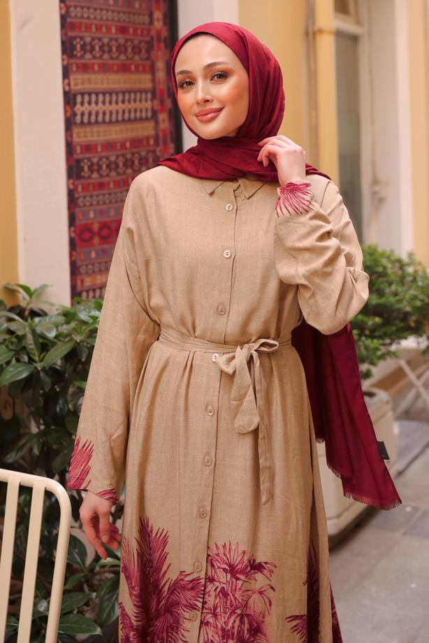 Tesettür giyim PEMBE KUŞAKLI DESENLİ ELBİSE T 3094 - TRENDTESETTÜR