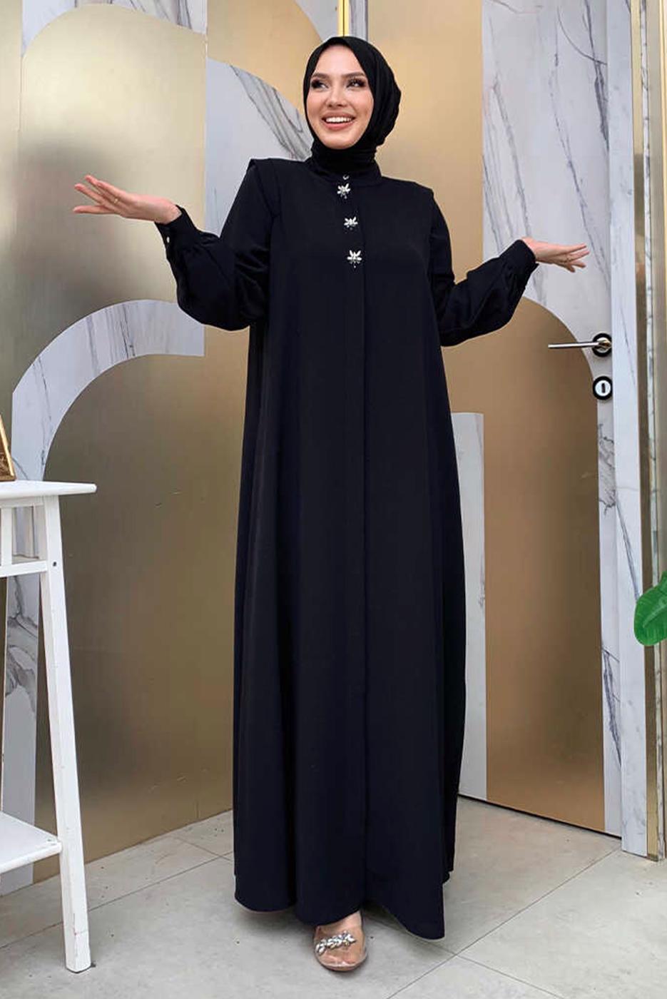 Tesettür giyim SİYAH TAŞ DETAYLI FERACE T 3097