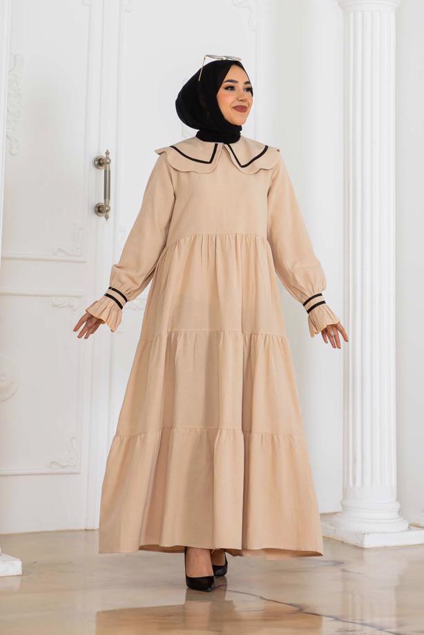 Tesettür giyim BEJ BEBE YAKA ELBİSE T 3112 - TRENDTESETTÜR