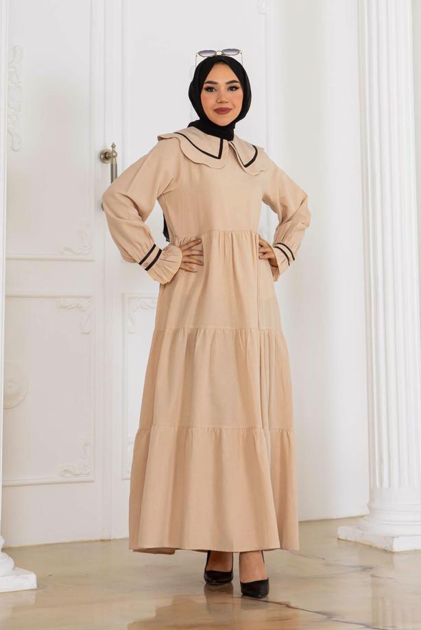 Tesettür giyim BEJ BEBE YAKA ELBİSE T 3112 - TRENDTESETTÜR