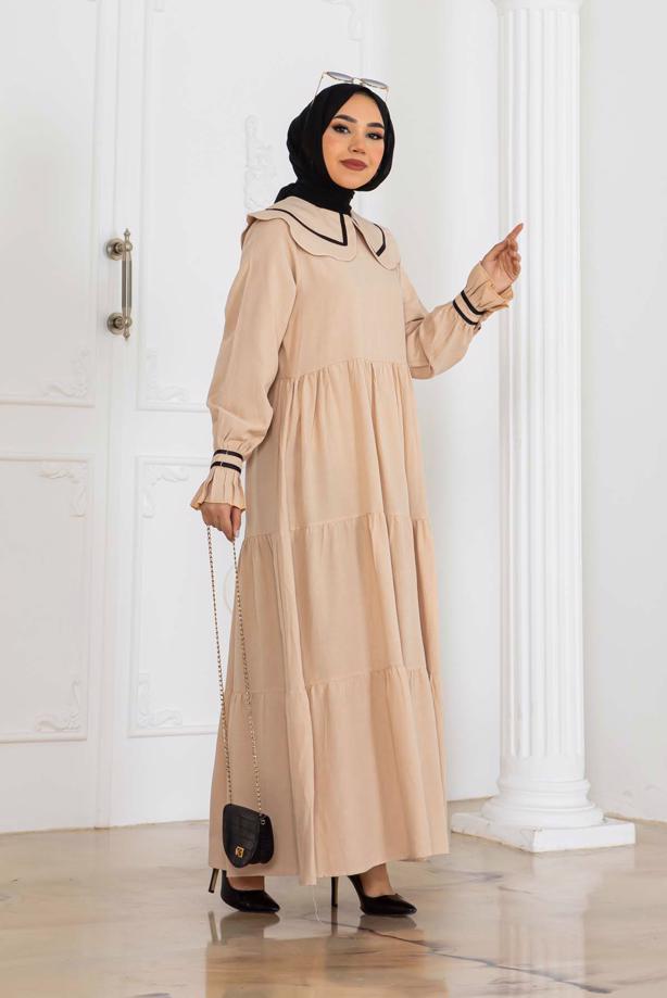 Tesettür giyim BEJ BEBE YAKA ELBİSE T 3112 - TRENDTESETTÜR