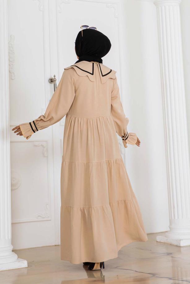 Tesettür giyim BEJ BEBE YAKA ELBİSE T 3112 - TRENDTESETTÜR