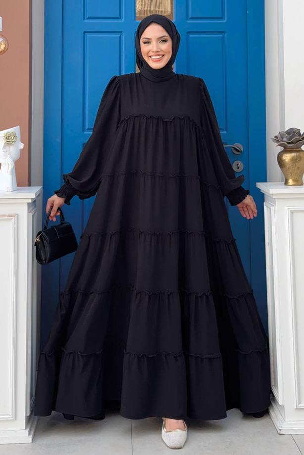 Tesettür giyim SİYAH PAMUKLU SALAŞ ELBİSE T 3206 - TRENDTESETTÜR