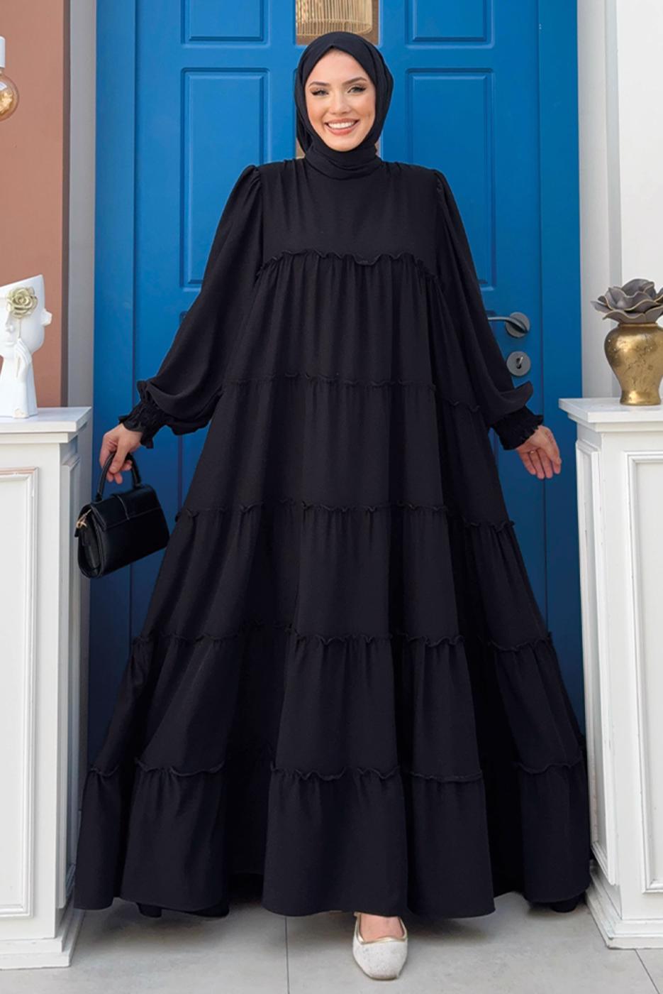 Tesettür giyim SİYAH PAMUKLU SALAŞ ELBİSE T 3206