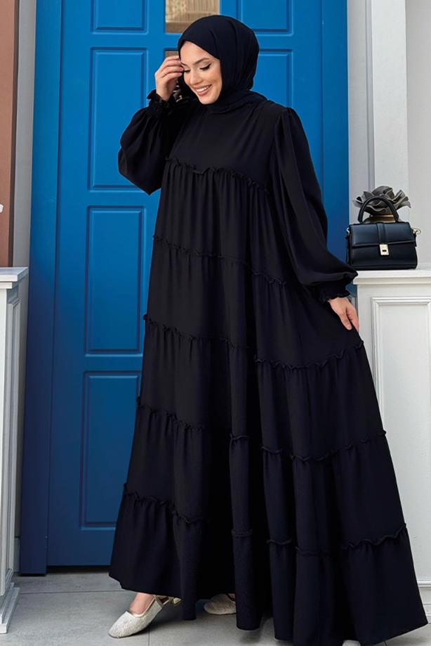 Tesettür giyim SİYAH PAMUKLU SALAŞ ELBİSE T 3206 - TRENDTESETTÜR