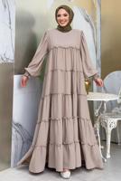 Tesettür giyim BEJ PAMUKLU SALAŞ ELBİSE T 3206