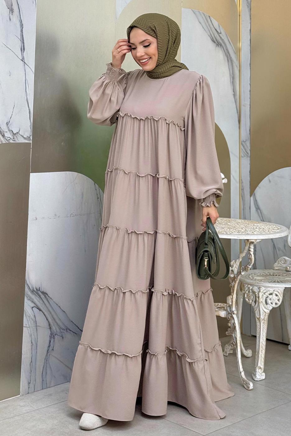 Tesettür giyim BEJ PAMUKLU SALAŞ ELBİSE T 3206