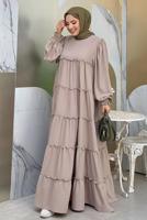 Tesettür giyim BEJ PAMUKLU SALAŞ ELBİSE T 3206