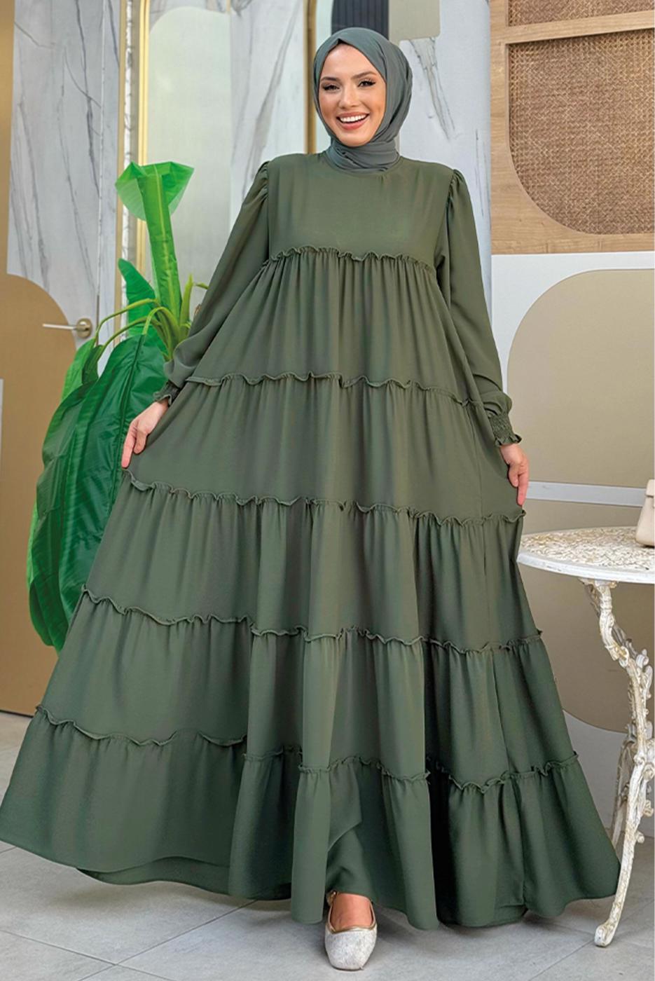 Tesettür giyim HAKİ PAMUKLU SALAŞ ELBİSE T 3206