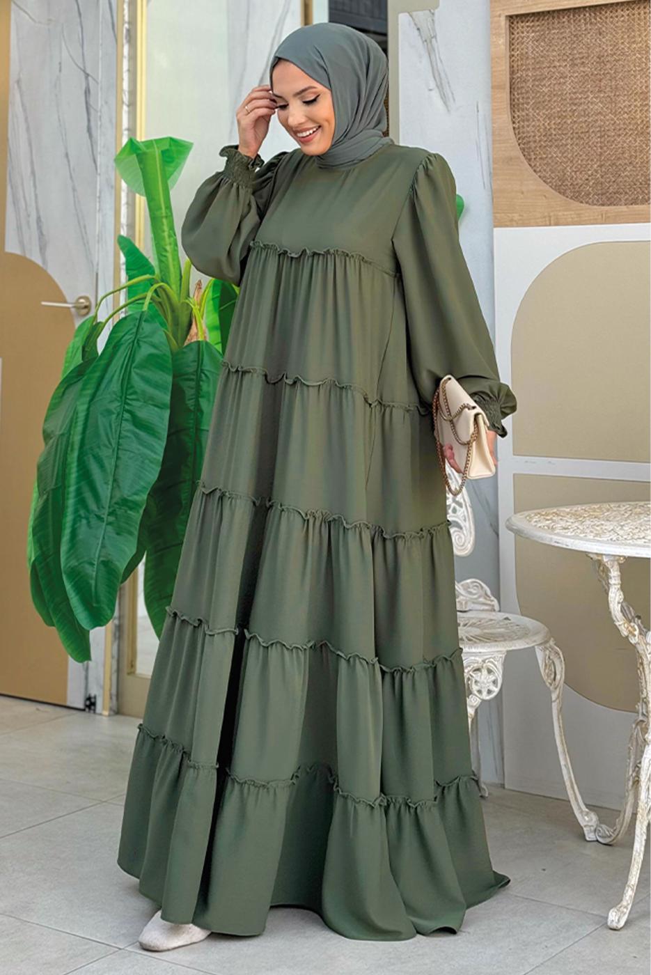 Tesettür giyim HAKİ PAMUKLU SALAŞ ELBİSE T 3206