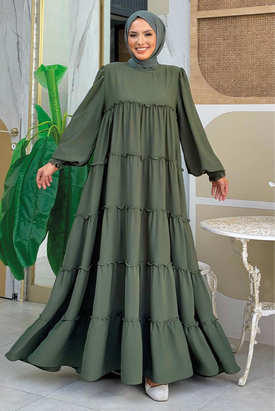 Tesettür giyim HAKİ PAMUKLU SALAŞ ELBİSE T 3206