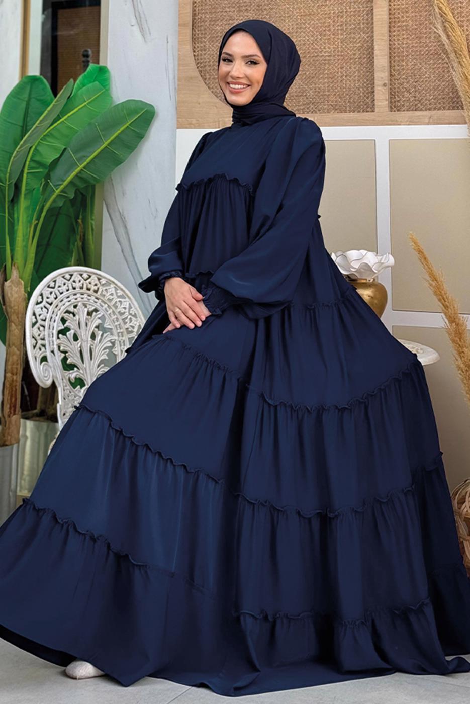 Tesettür giyim LACİVERT PAMUKLU SALAŞ ELBİSE T 3206
