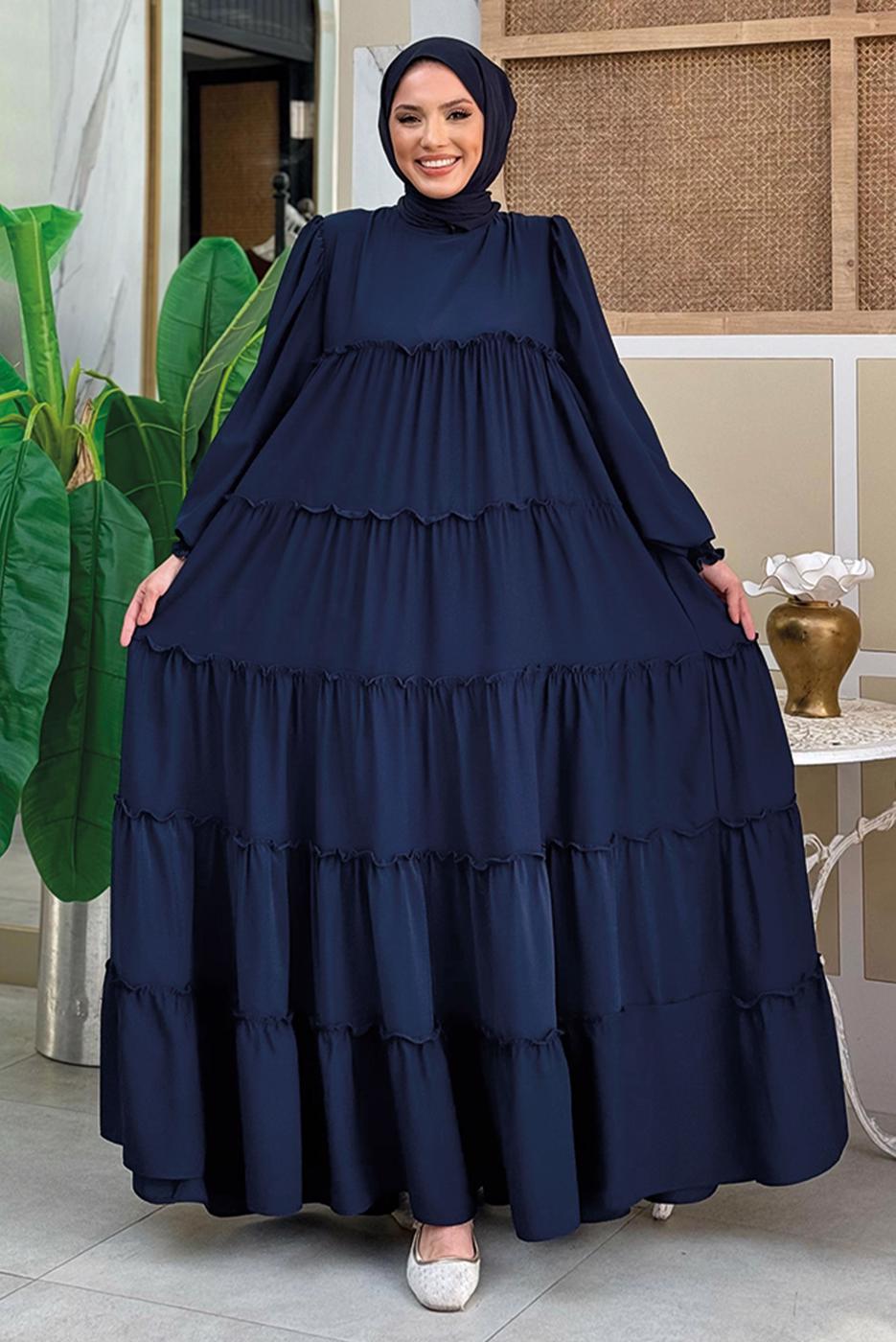 Tesettür giyim LACİVERT PAMUKLU SALAŞ ELBİSE T 3206