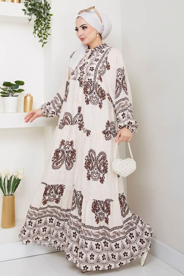 Vêtements hijab BEIGE ROBE À MOTIFS T 3587 - TRENDTESETTÜR