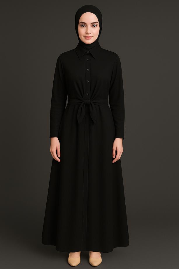 Tesettür giyim SİYAH KUŞAKLI GÖMLEK ELBİSE T 3663 - TRENDTESETTÜR