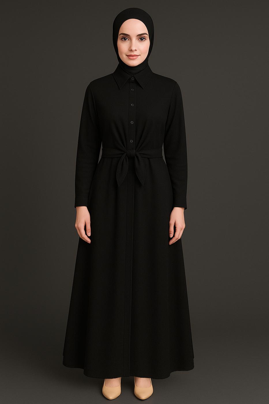 Tesettür giyim SİYAH KUŞAKLI GÖMLEK ELBİSE T 3663