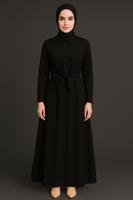 Tesettür giyim SİYAH KUŞAKLI GÖMLEK ELBİSE T 3663