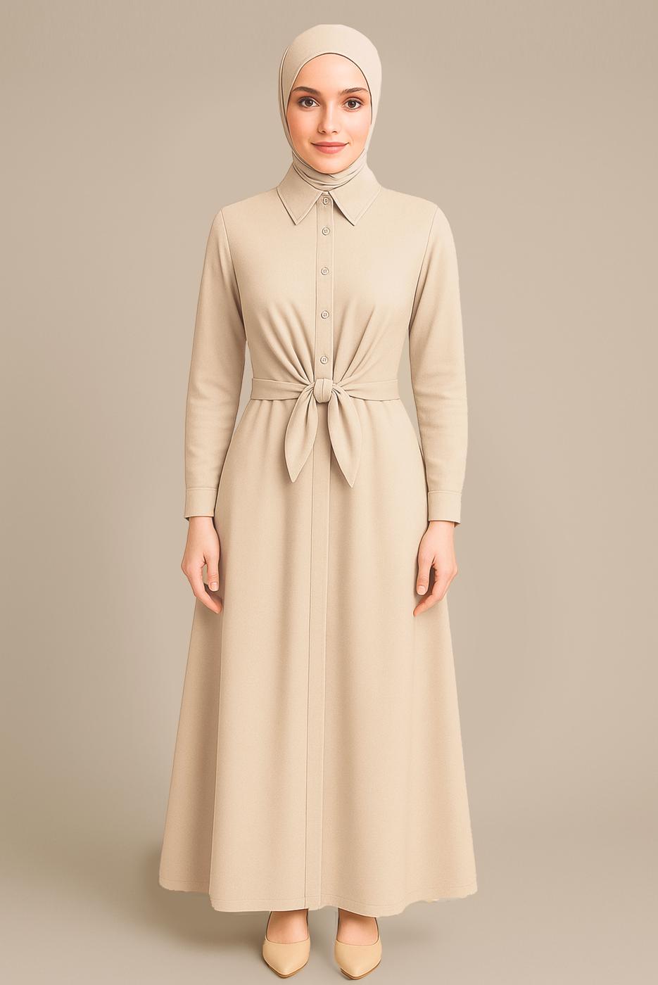 Tesettür giyim BEJ KUŞAKLI GÖMLEK ELBİSE T 3663