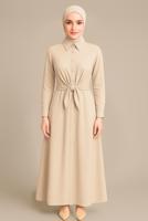 Tesettür giyim BEJ KUŞAKLI GÖMLEK ELBİSE T 3663