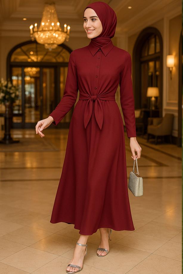 Vêtements hijab ROUGE BORDEAUX ROBE CHEMISE CEINTURÉE T 3663 - TRENDTESETTÜR