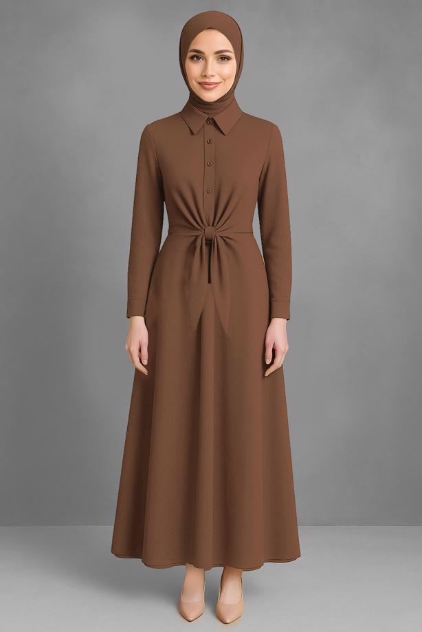 Tesettür giyim KAHVE KUŞAKLI GÖMLEK ELBİSE T 3663 - TRENDTESETTÜR