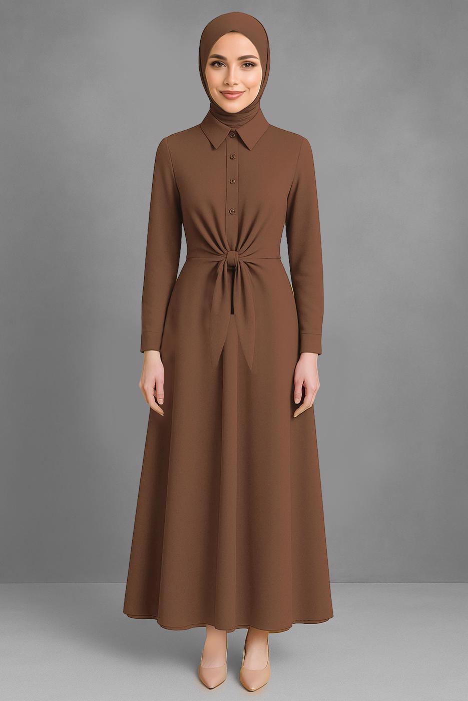 Tesettür giyim KAHVE KUŞAKLI GÖMLEK ELBİSE T 3663