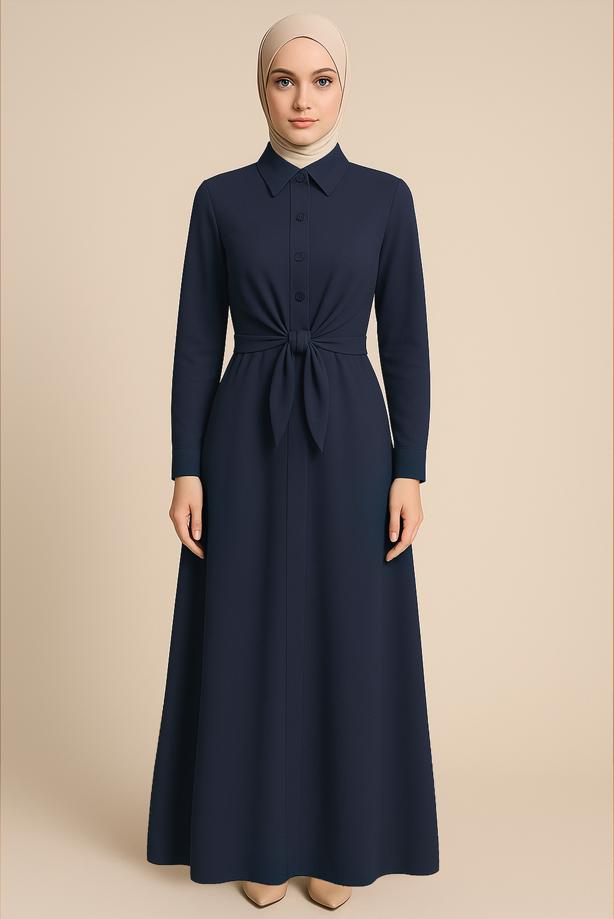 Vêtements hijab BLEU MARINE ROBE CHEMISE CEINTURÉE T 3663 - TRENDTESETTÜR