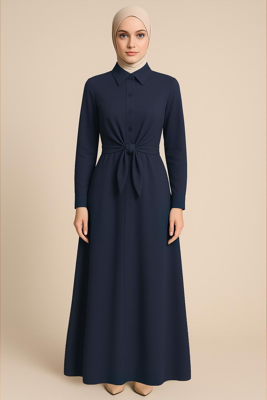 Tesettür giyim LACİVERT KUŞAKLI GÖMLEK ELBİSE T 3663
