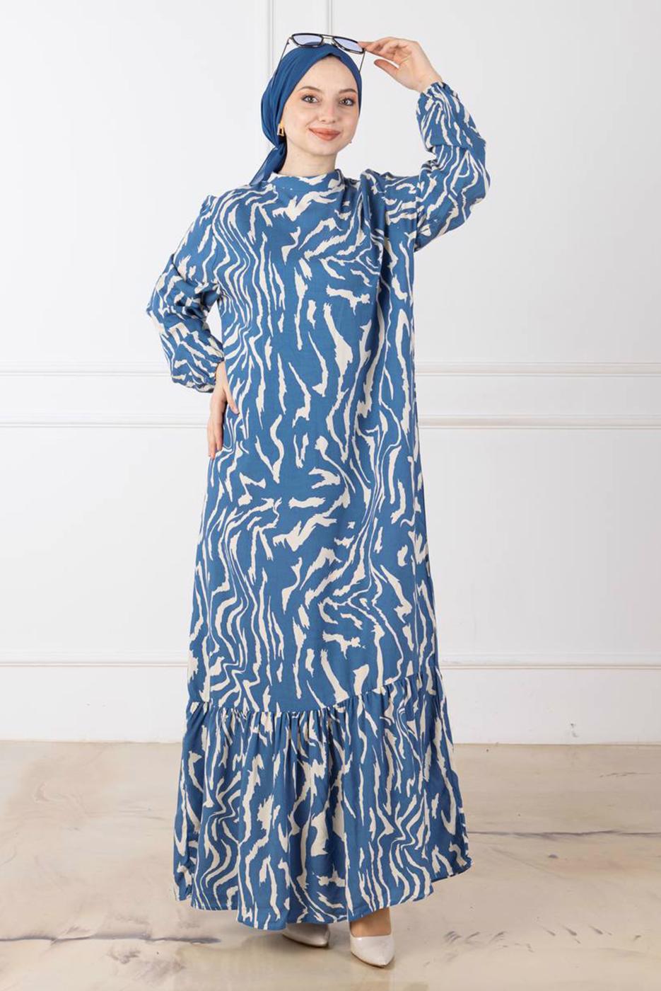 Tesettür giyim MAVİ DESENLİ ELBİSE T 3698