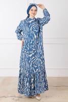 Tesettür giyim MAVİ DESENLİ ELBİSE T 3698