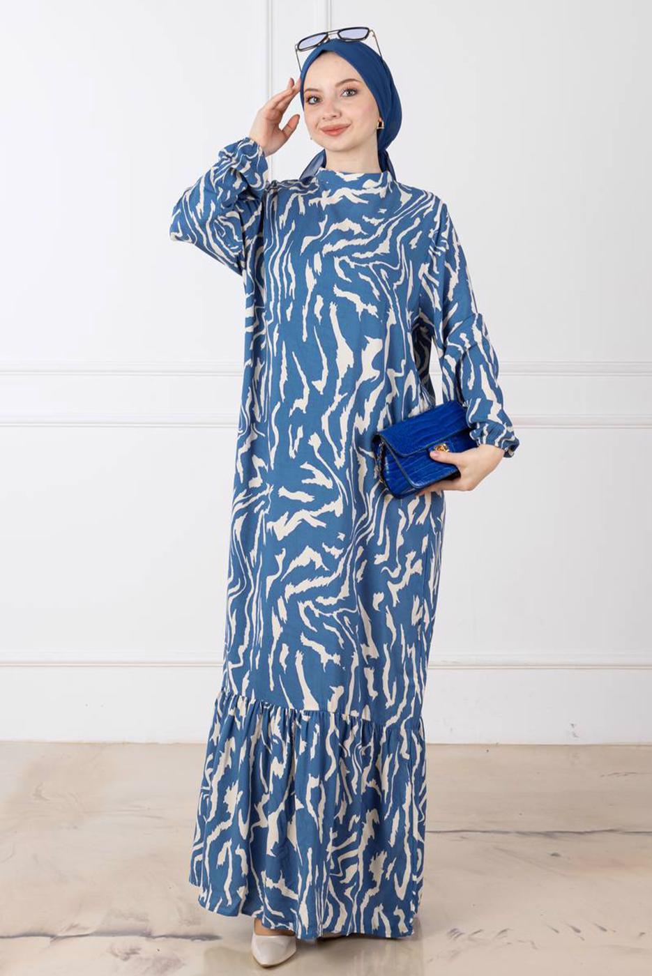 Tesettür giyim MAVİ DESENLİ ELBİSE T 3698