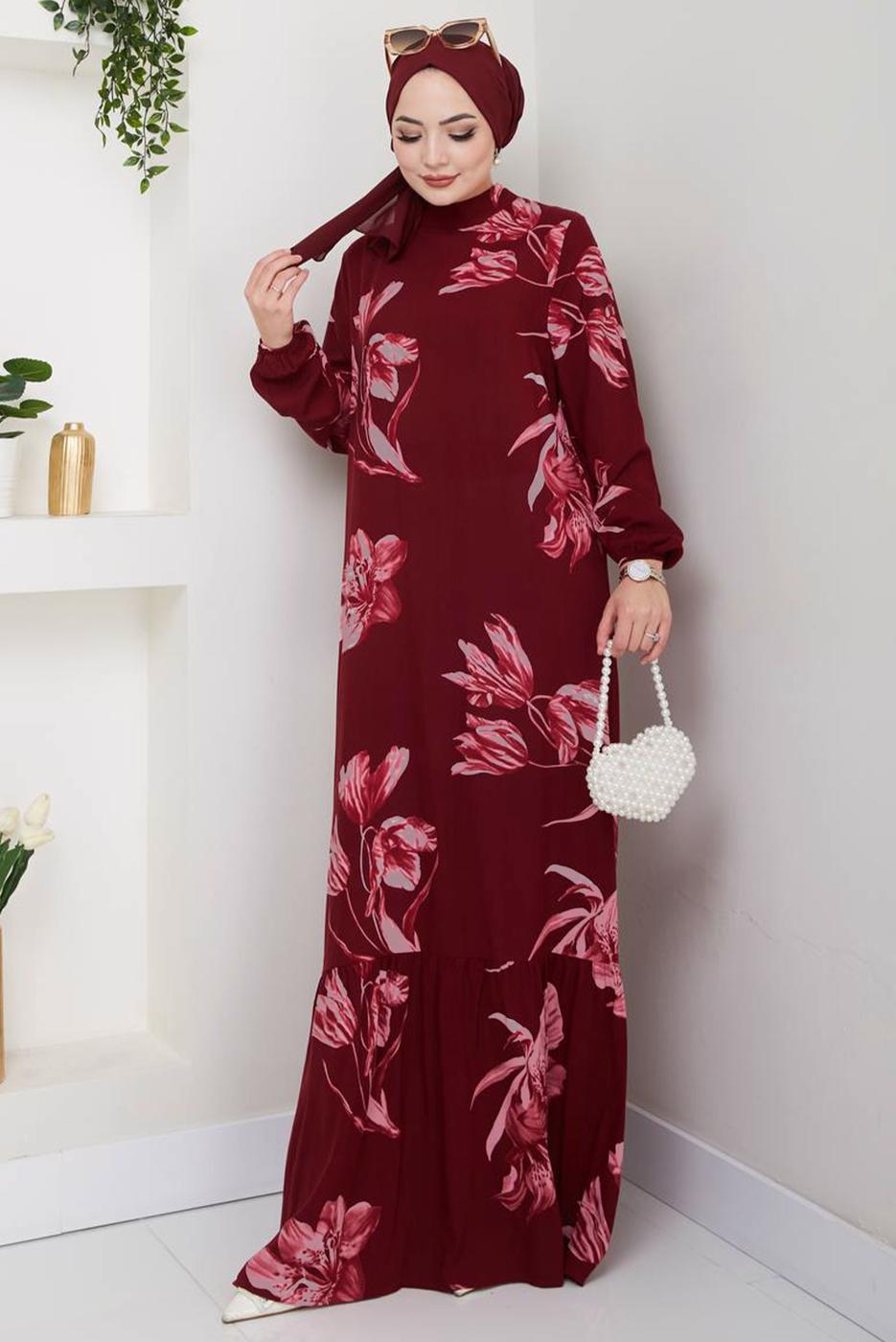 Vêtements hijab ROUGE BORDEAUX ROBE À MOTIFS FLEURS T 3829