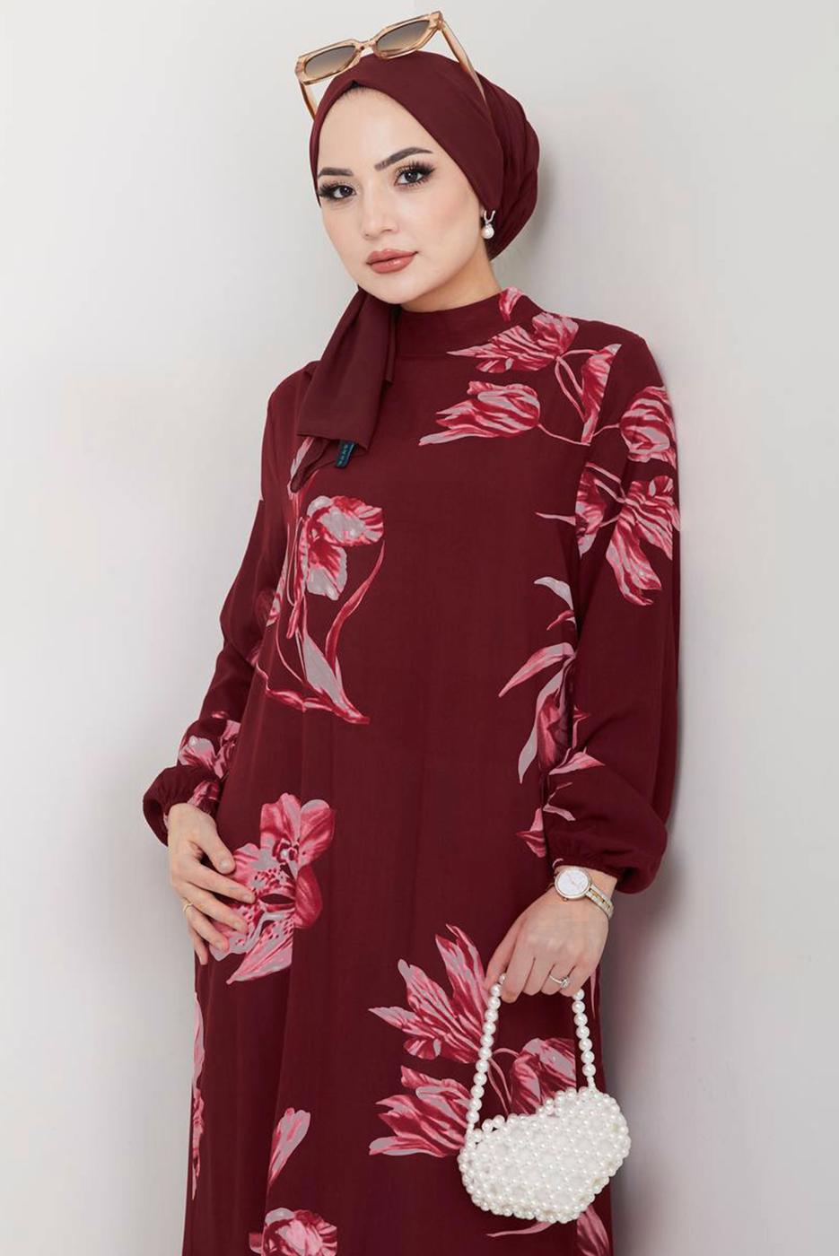 Vêtements hijab ROUGE BORDEAUX ROBE À MOTIFS FLEURS T 3829
