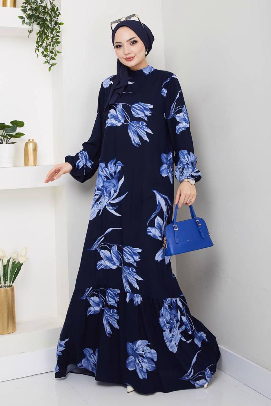 Vêtements hijab BLEU MARINE ROBE À MOTIFS FLEURS T 3829