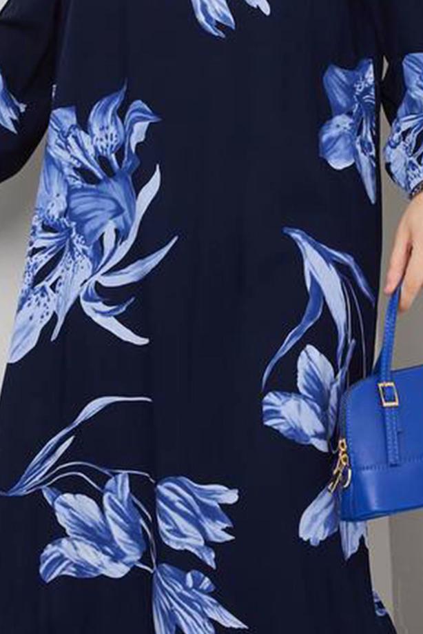 Vêtements hijab BLEU MARINE ROBE À MOTIFS FLEURS T 3829 - TRENDTESETTÜR