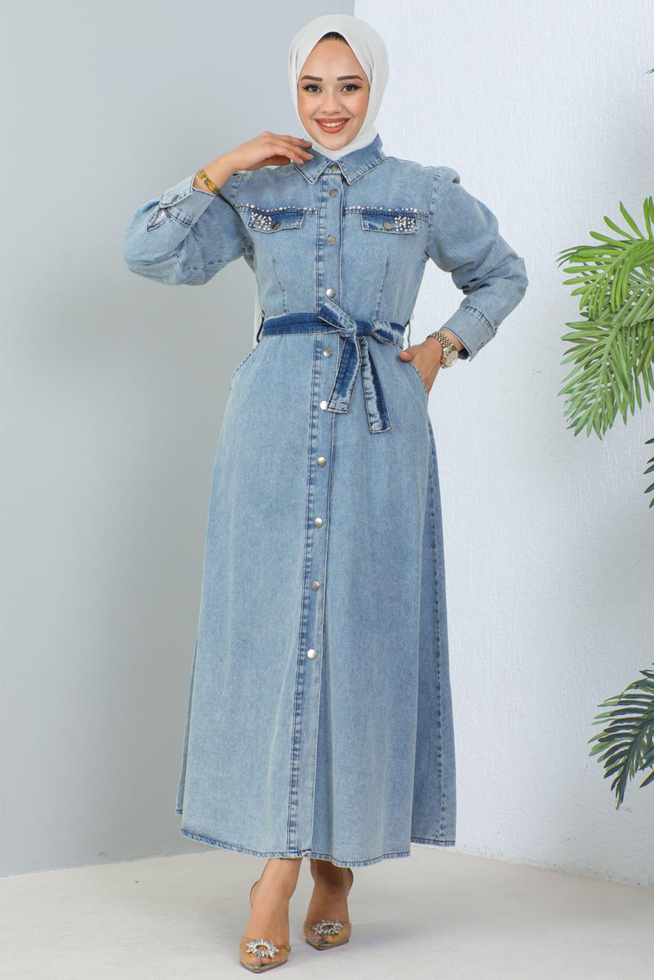 Vêtements hijab BLEU ROBE EN JEAN CEINTURÉE T 4086