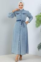 Vêtements hijab BLEU ROBE EN JEAN CEINTURÉE T 4086