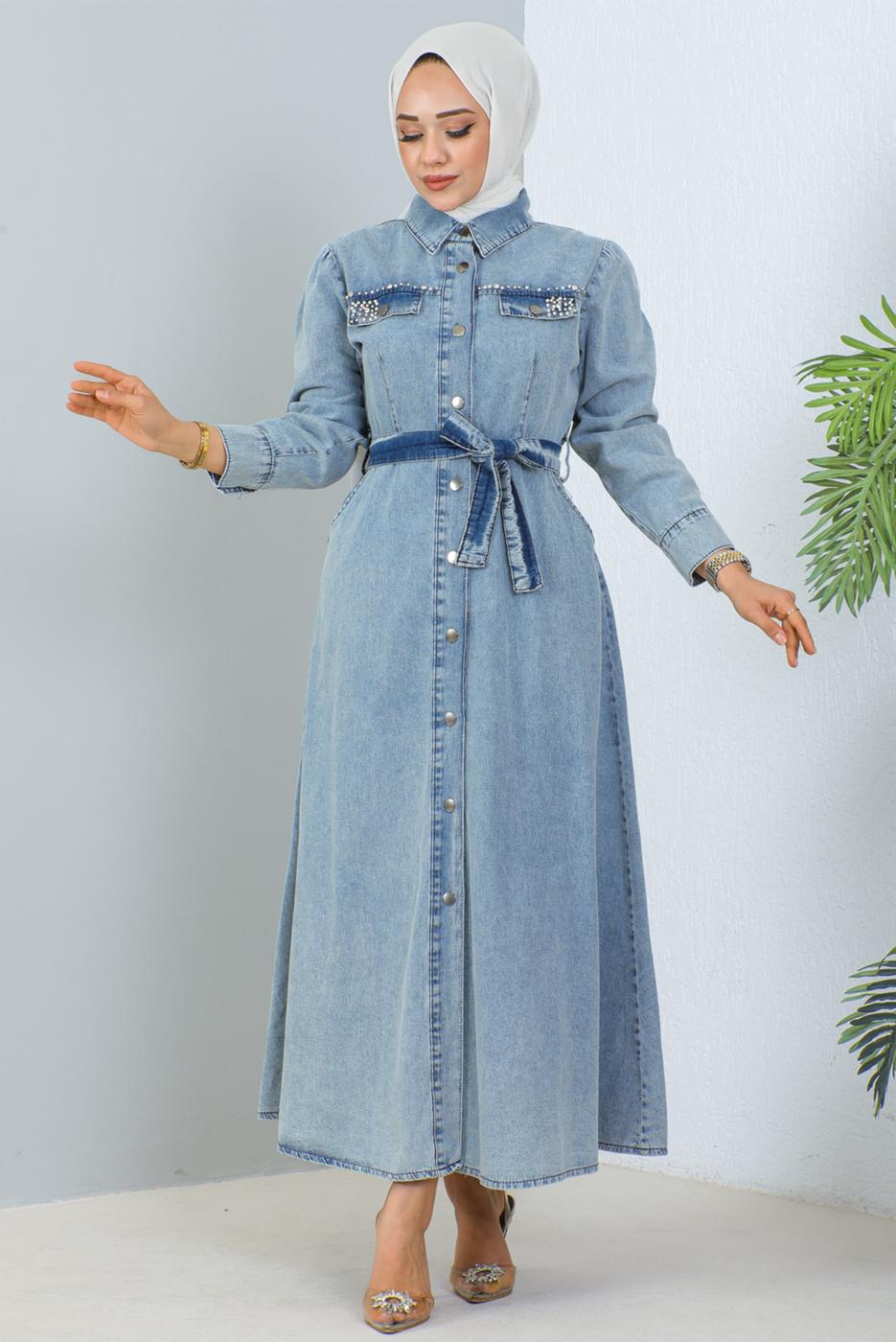 Vêtements hijab BLEU ROBE EN JEAN CEINTURÉE T 4086
