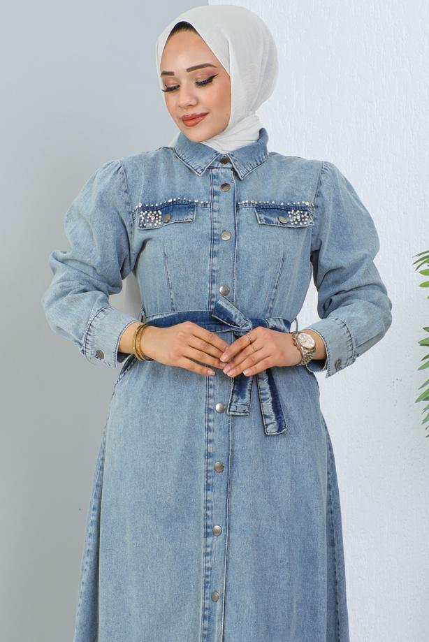 Vêtements hijab BLEU ROBE EN JEAN CEINTURÉE T 4086 - TRENDTESETTÜR