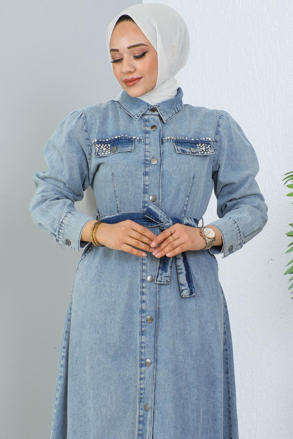 Vêtements hijab BLEU ROBE EN JEAN CEINTURÉE T 4086