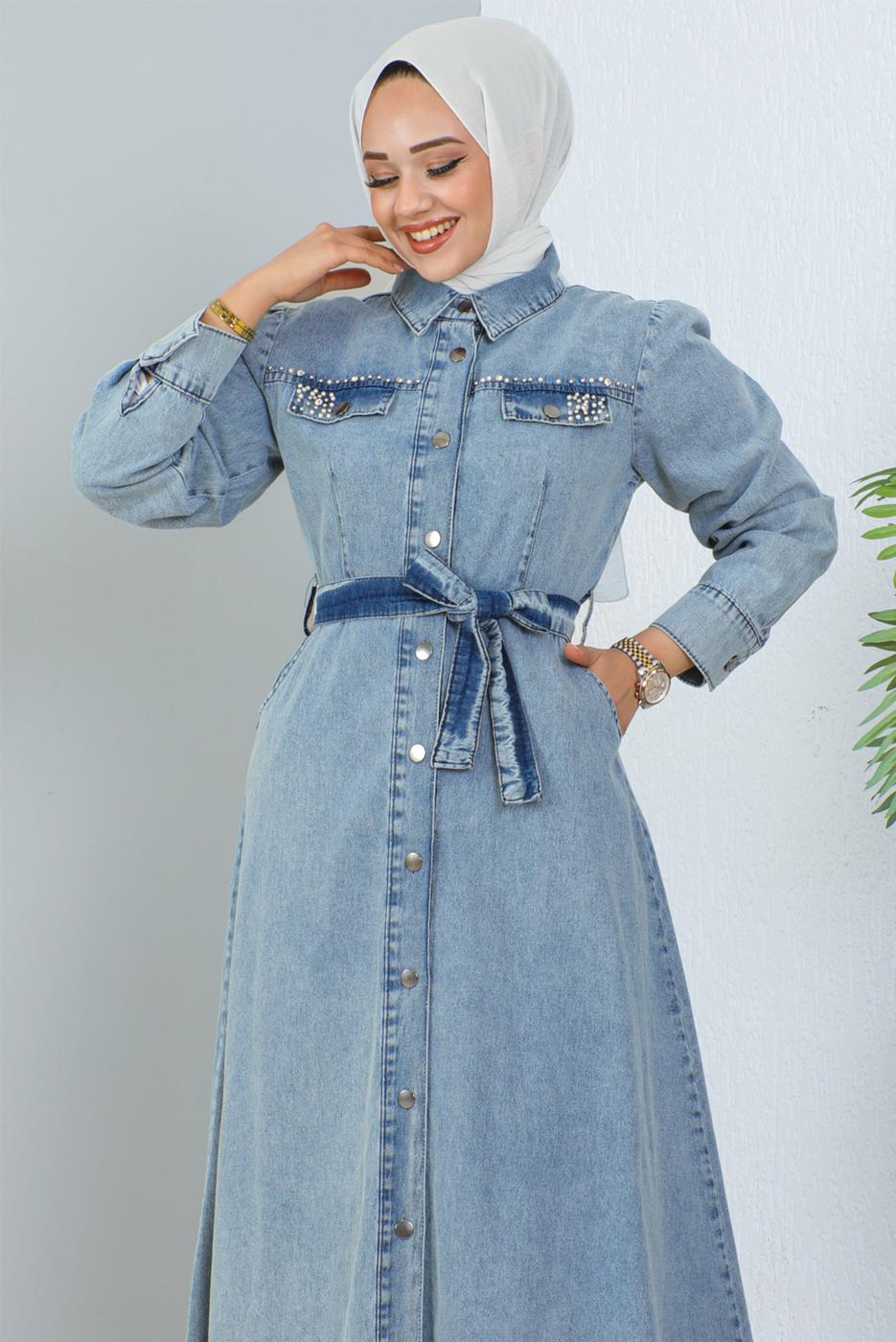 Vêtements hijab BLEU ROBE EN JEAN CEINTURÉE T 4086