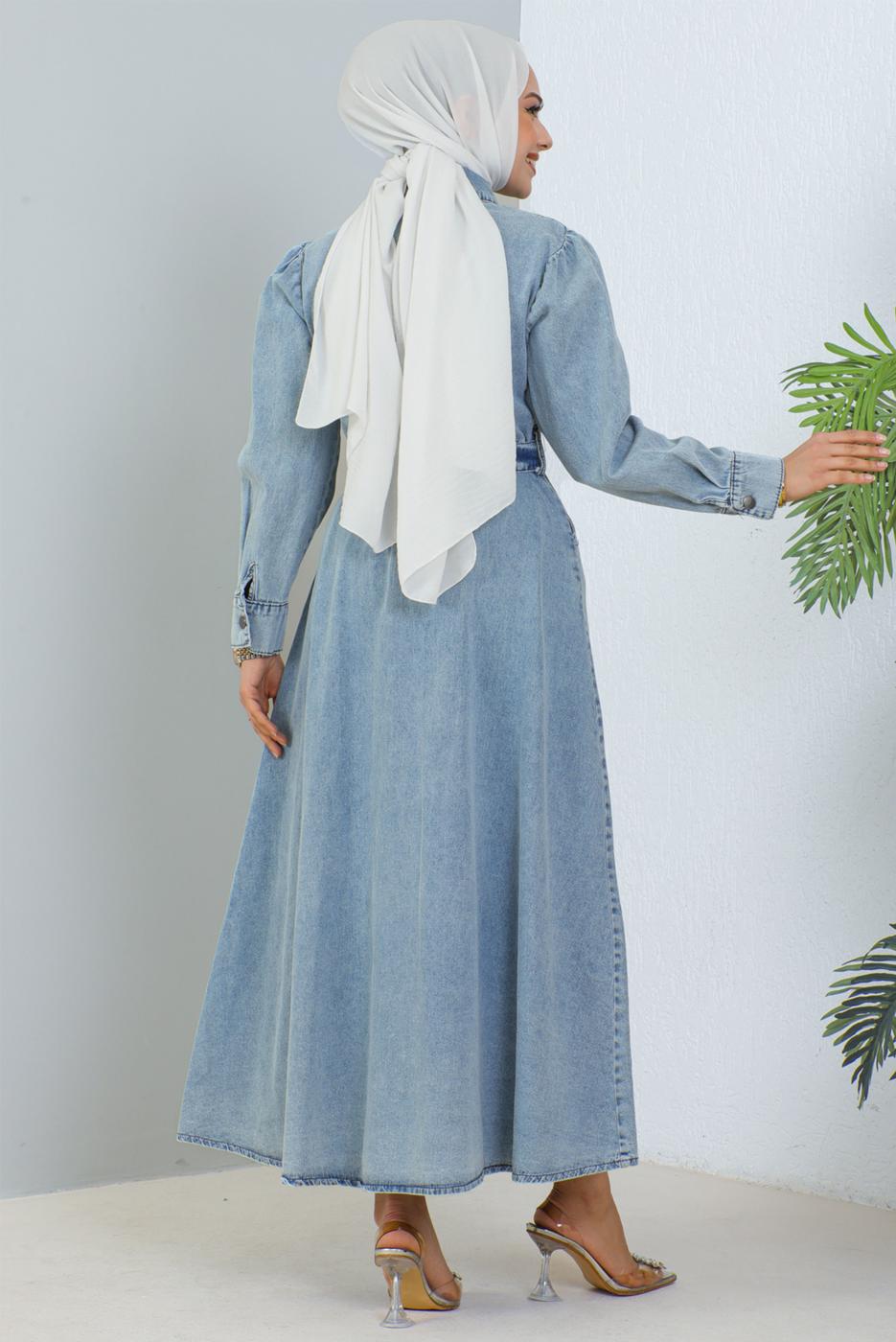 Vêtements hijab BLEU ROBE EN JEAN CEINTURÉE T 4086