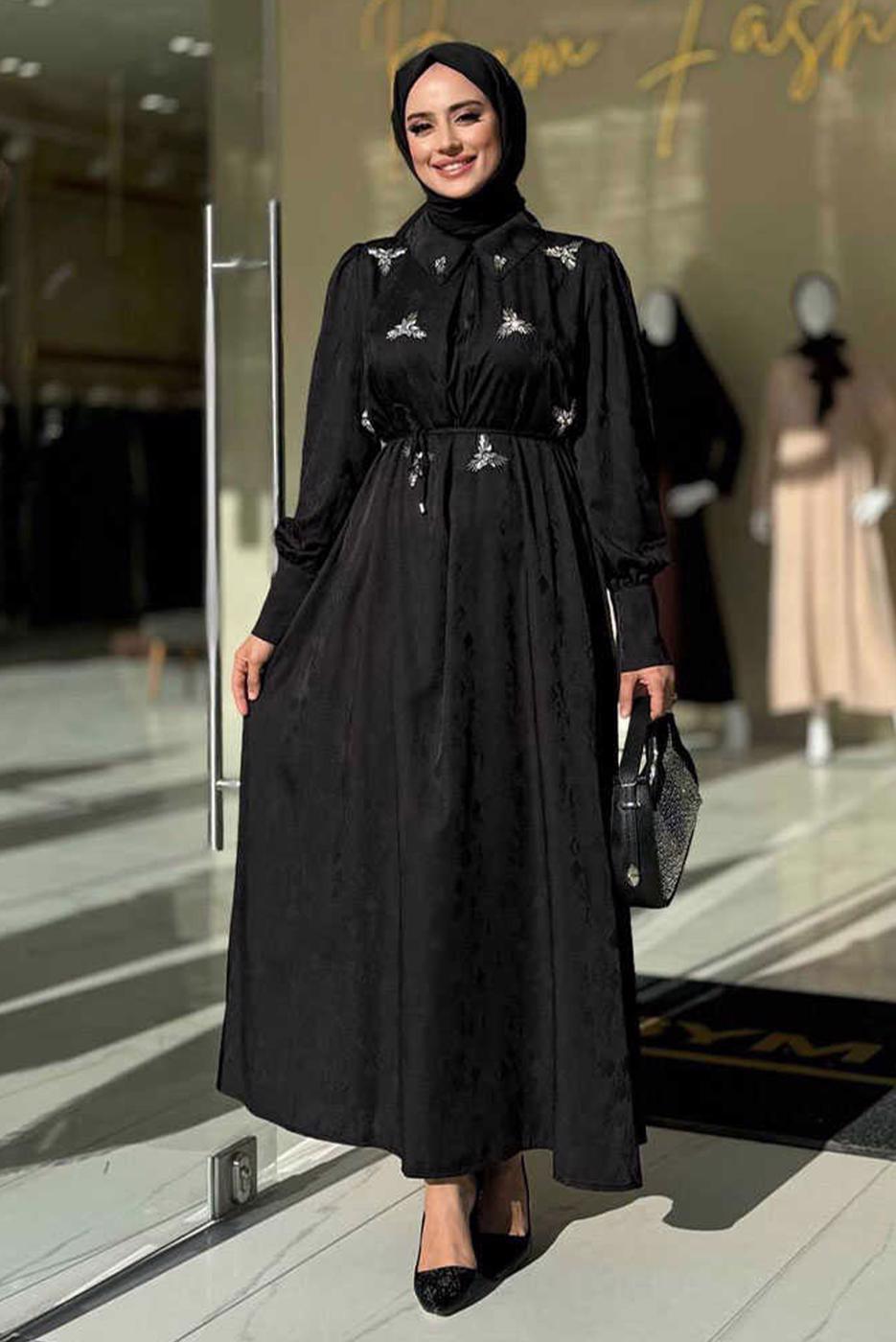Tesettür giyim SİYAH TAŞLI JAKAR ELBİSE T 4293