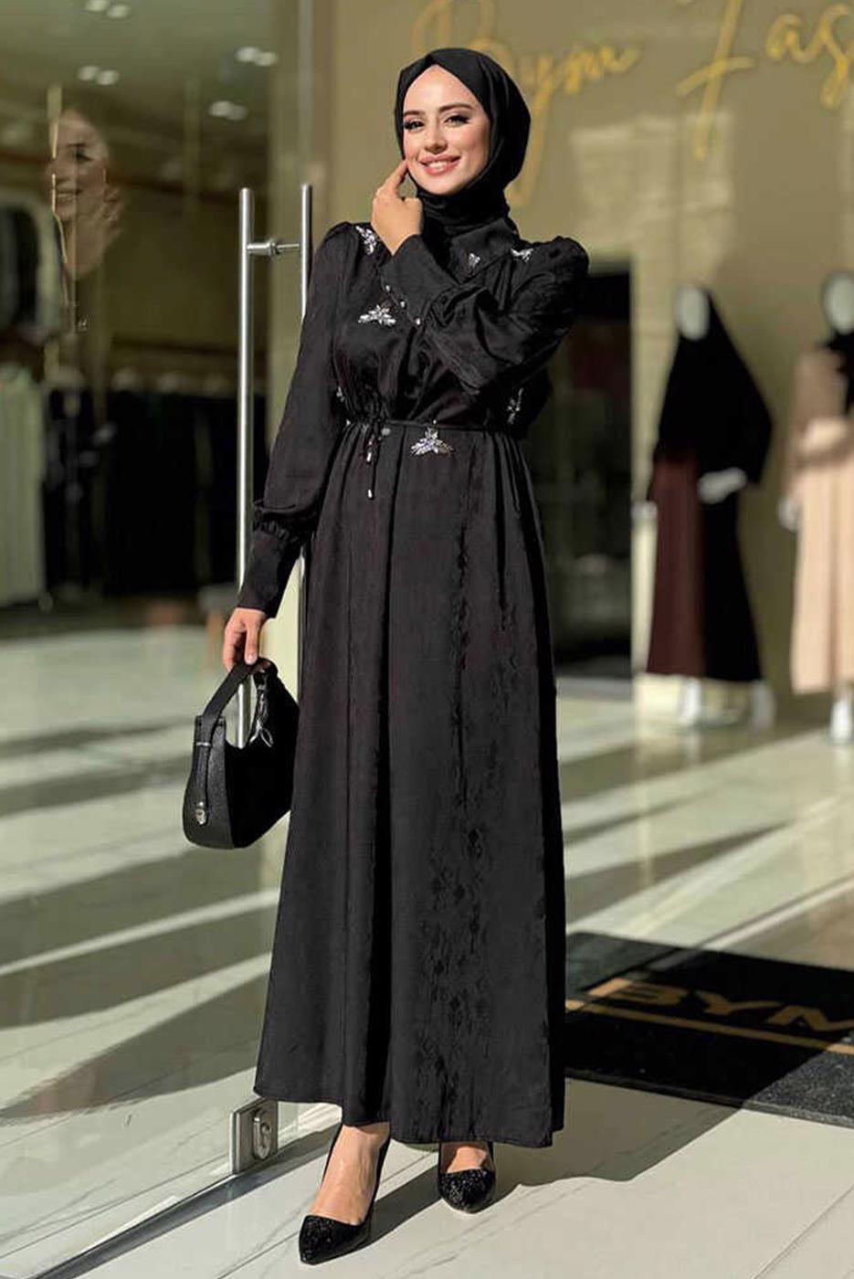 Tesettür giyim SİYAH TAŞLI JAKAR ELBİSE T 4293