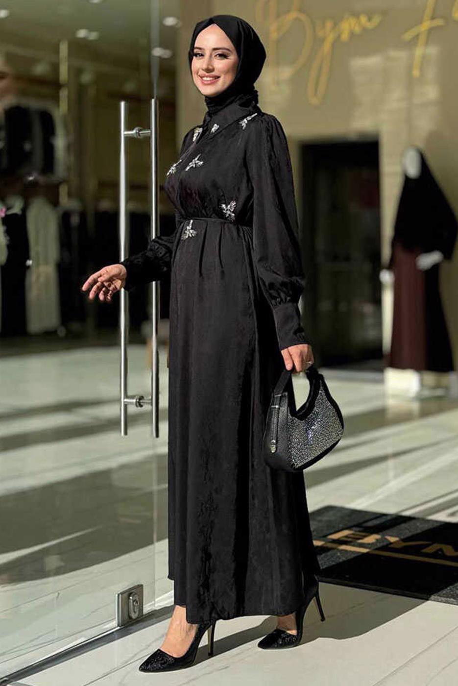 Tesettür giyim SİYAH TAŞLI JAKAR ELBİSE T 4293
