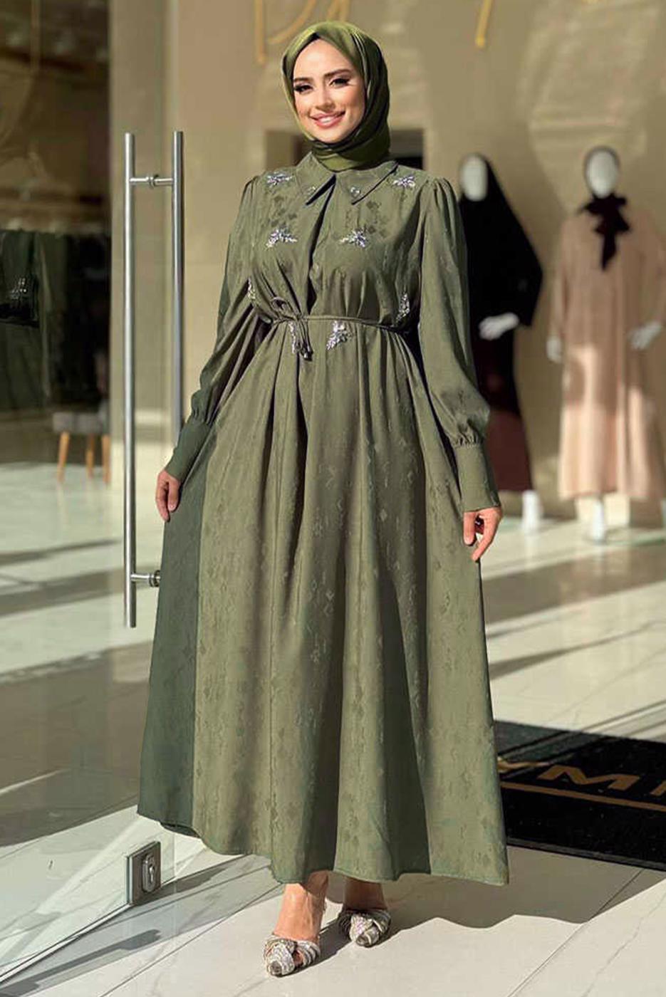 Tesettür giyim HAKİ TAŞLI JAKAR ELBİSE T 4293