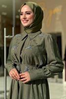 Tesettür giyim HAKİ TAŞLI JAKAR ELBİSE T 4293