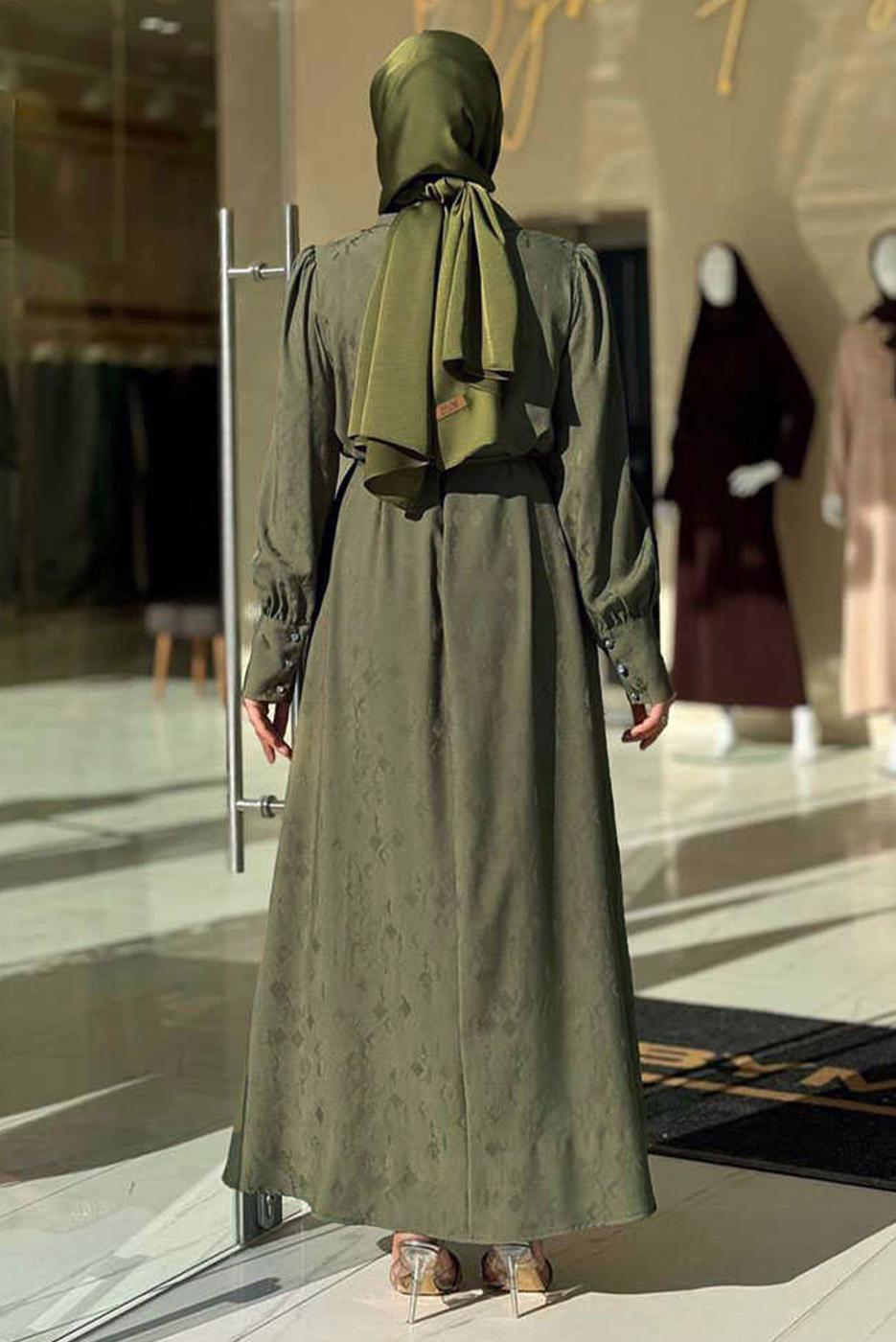 Tesettür giyim HAKİ TAŞLI JAKAR ELBİSE T 4293