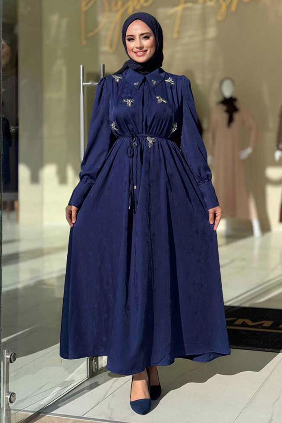 Tesettür giyim LACİVERT TAŞLI JAKAR ELBİSE T 4293